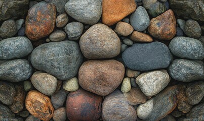 Various sized, smooth, natural stones in close arrangement.