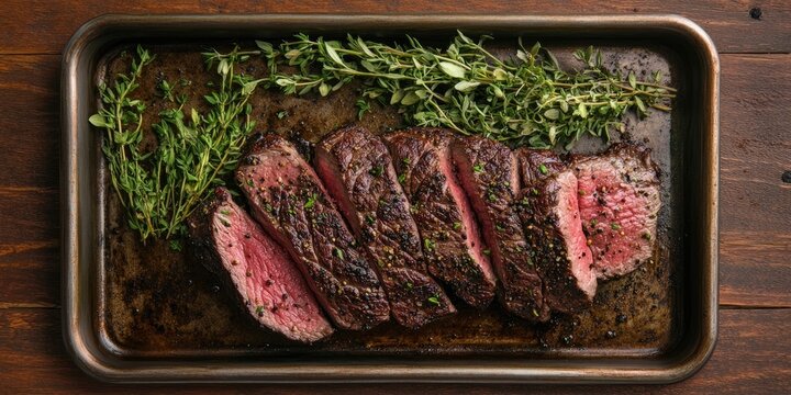 Grilled tri-tip steak slices arranged on a dark tray with fresh green herbs on a wooden backdrop creating ample space for text above view.