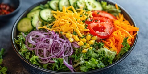 Vibrant vegan salad in a black bowl showcasing fresh lettuce, cucumber, tomato, shredded cheese, carrot, corn, and red onion from above.