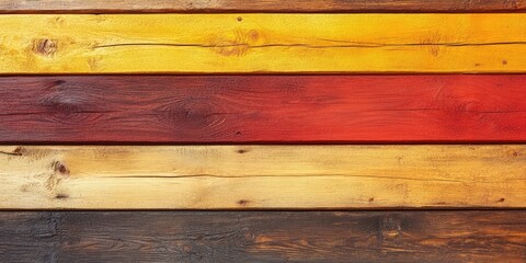 Colorful wooden planks in orange yellow and red hues arranged horizontally creating ample copy space at the center for text or design elements