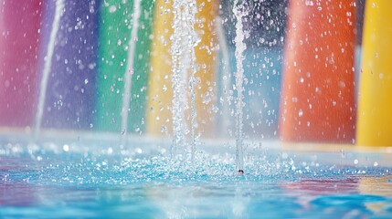A splash zone in a water park with colorful sprinklers and fountains spraying water