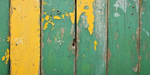 Weathered wooden wall with green and yellow paint, featuring peeling textures and vertical planks, highlighted with natural wood tones.