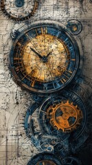 Intricate Clockwork Gears and Vintage Blueprint Design