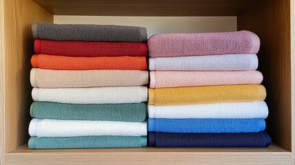 A stack of fresh towels in a variety of colors folded neatly on a laundry room shelf