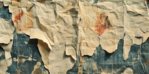 Naklejka premium Crumpled antique paper texture with worn edges and faded colors in shades of beige and blue creating a rustic background for design projects