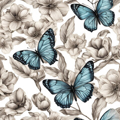 Fototapeta premium A beautiful pattern of delicate butterflies with bright blue wings, surrounded by soft monochrome flowers, creating a graceful and harmonious design.