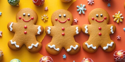 Gingerbread cookies arranged in a row on a vibrant orange and yellow background surrounded by festive ornaments and snowflakes