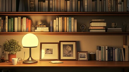 A tidy bookshelf with novels, photo frames, and a small lamp arranged neatly