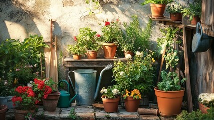 Naklejka premium A tidy corner of a garden with potted plants, gardening tools, and a watering can