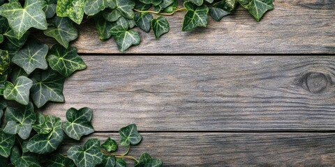 Green ivy leaves cascading from the top left onto a rustic wooden background with ample copy space on the bottom right for text integration.