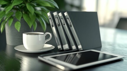 Coffee, plant, books and tablet on a dark desk.
