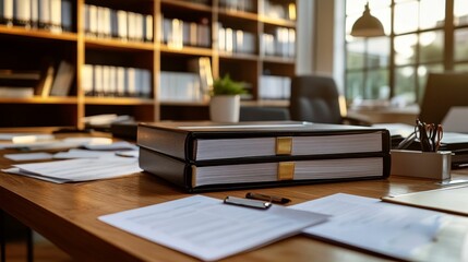 Desk with books, papers, pens, and office supplies.