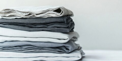 Neatly stacked grey and white folded jeans on a minimalist white backdrop showcasing soft textures and color contrast in a modern setting