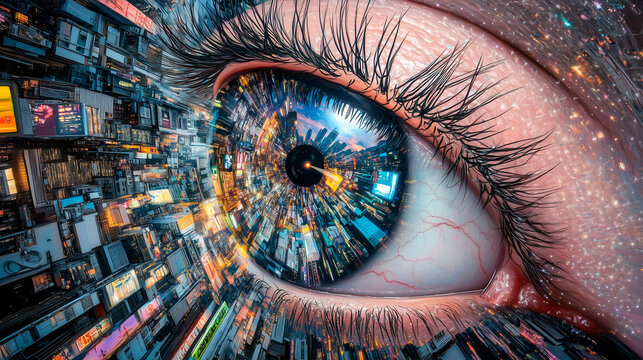 Abstract futage with human eye and densely built up modern city.