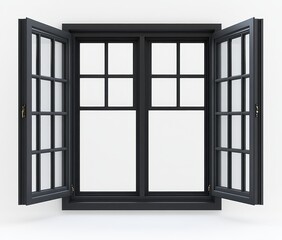 Open black double-hung window with multiple panes against a white background.