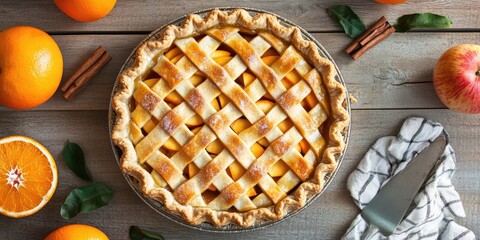 Delicious apple orange pie with golden lattice crust surrounded by fresh oranges and an apple on a rustic wooden table with cinnamon sticks