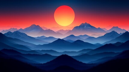 Enormous crimson sun setting behind a vast, silhouetted mountain range