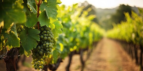 Fototapeta premium Vast vineyard landscape showcasing rows of lush green grapevines with clusters of green grapes hanging prominently under soft sunlight.