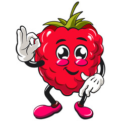 Cute raspberry fruit vektor illustration mascot character dancing while giving the okay sign, work of hand drawn