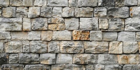Fototapeta premium Ancient stone wall featuring textured gray and beige blocks arranged in a horizontal layout, showcasing traditional historic architecture elements.