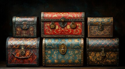 Ornate chests, stacked, dark background, storage, design