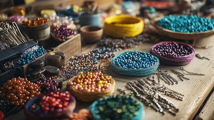 A tidy jewelry-making workshop with colorful beads, clasps, and wires