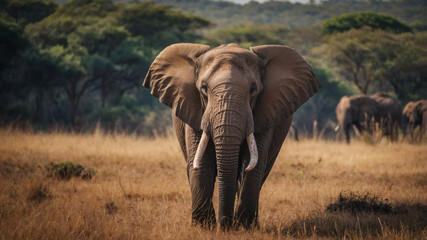 Fototapeta premium Majestic African elephant in its natural habitat, grasslands with trees in the background. A powerful symbol of wildlife.