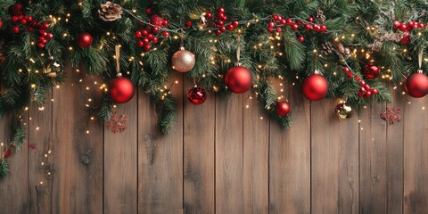 Festive Christmas backdrop with red ornaments, pine branches, golden lights, and wooden texture at the bottom for holiday celebrations.