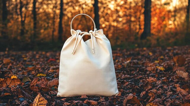 White bag placed on autumn leaves in a serene forest setting during golden hour