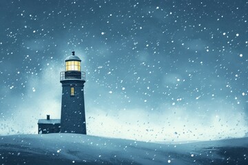 Luminous Lighthouse Stands Strong During Winter Snowstorm
