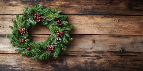Rustic wooden backdrop with a natural Christmas wreath adorned with red berries and pine cones positioned on the left creating ample copy space