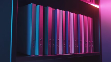 Fototapeta premium Binders aligned on shelf; blue and pink lighting.