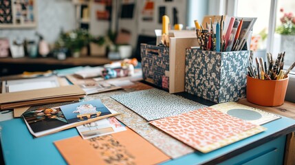 A tidy scrapbook corner with patterned paper, photos, and glue sticks