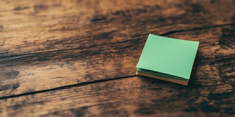 Green sticky note positioned on a rustic brown wooden table featuring an uplifting motivational message with a textured surface background.
