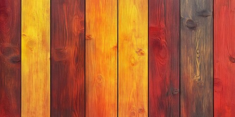 Vibrant wooden planks in orange yellow red hues arranged vertically with ample negative space for text or design on a rich textured background