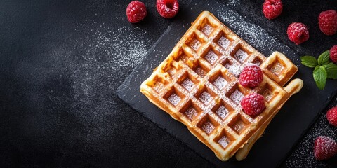 Handcrafted waffles dusted with powdered sugar and fresh raspberries on a black slate background from a top-down view with ample negative space