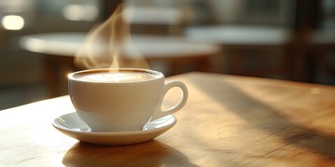 Obraz premium Cappuccino coffee in a white cup with steam on a wooden table, soft natural light highlights the warm tones and inviting atmosphere.