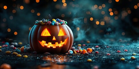 Naklejka premium Halloween Jack o Lantern glowing with candy inside centered on dark backdrop surrounded by colorful scattered sweets and soft foggy atmosphere