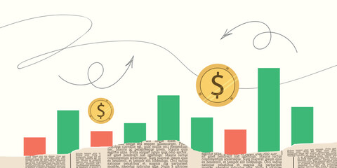 Contemporary Halftone Collage for investments concept, marketing, trading. Online Stock banner with finance elements, coins, money. Vertical invest or business poster. Vector illustration.