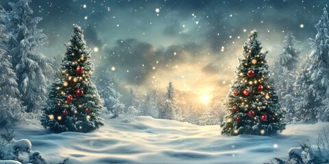 Winter wonderland scene featuring snow-covered trees adorned with red ornaments against a twilight sky with golden sunlight breaking through clouds.