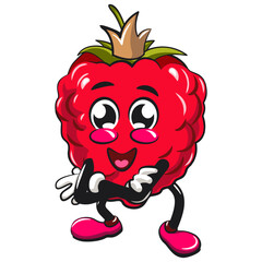 Cute raspberry fruit vektor illustration mascot character crowned like a king while folding his arms calmly, work of hand drawn