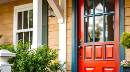 Vibrant Red Front Door of a Charming House: Real Estate Photography