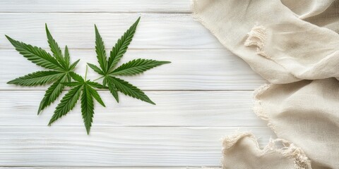 Hemp fabric with green cannabis leaves on a white wooden table top view soft beige cloth draped on the side natural earthy tones inviting atmosphere