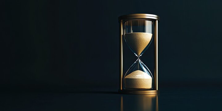 Elegant hourglass with golden frame placed on a dark surface against a deep black backdrop symbolizing the relationship between time and money