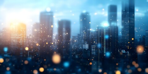 A blurred city skyline with tall buildings, illuminated by soft lights and a glowing sunset in the background. Concept City Skyline Photography, Blurred Background Effects, Soft Lighting Techniques