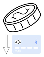 Coin above downward arrow pointing at contactless credit card, symbolizing cashless transactions. Ideal for digital wallets, fintech, e-commerce, savings, secure payment, finance apps, abstract line