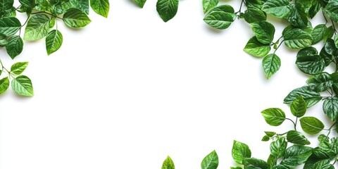 Lush green leaves forming an elegant corner frame on a bright white background with various shades of green adding depth and texture.