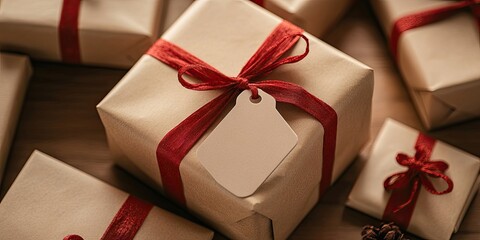 Cozy holiday presents wrapped in brown paper and red ribbons with an empty gift tag placed on a rustic wooden surface.
