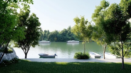 Fototapeta premium Peaceful River Scene with Boats