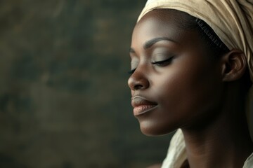 A black woman adorned in a traditional cloth headband sits calmly, her eyes closed. The soft lighting accentuates her features and the rich texture of her skin, creating a peaceful atmosphere